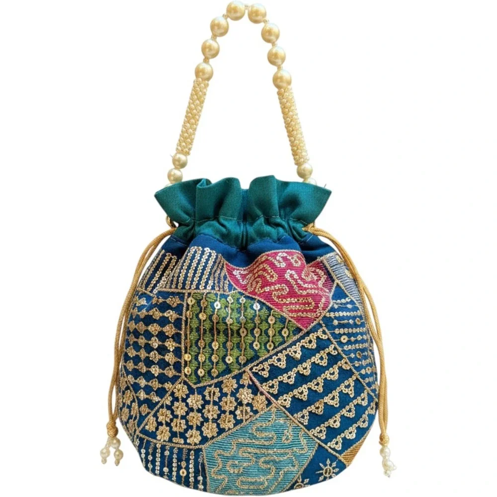 Indian Potli Bag Teal Zardosi Embroidered Sequin Drawstring Pearl Handle Clutch